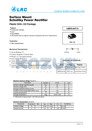LMBR140T3G datasheet - Surface Mount Schottky Power Rectifier Plastic SOD123 Package