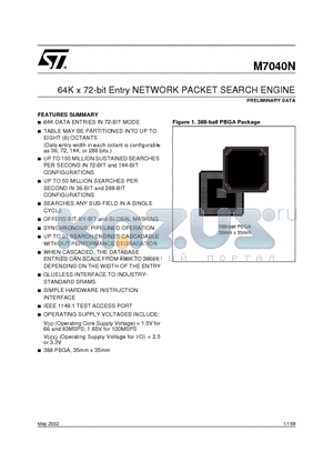 M7040N-066ZA1T datasheet - 64K x 72-bit Entry NETWORK PACKET SEARCH ENGINE
