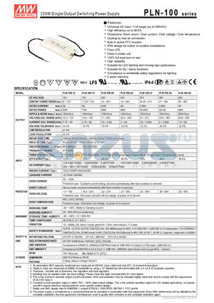 PLN-100-12 datasheet - 100W Single Output Switching Power Supply