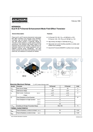NDS9952A datasheet - Dual N & P-Channel Enhancement Mode Field Effect Transistor