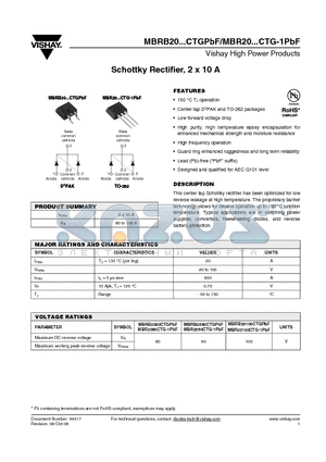 MBR20100CTGTRPBF datasheet - Schottky Rectifier, 2 x 10 A