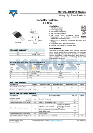 MBR20100CTKPBF datasheet - Schottky Rectifier, 2 x 10 A