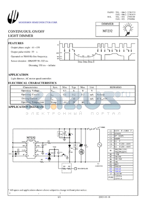 M7232 datasheet - CONTINUOUS, ON/OFF LIGHT DIMMER