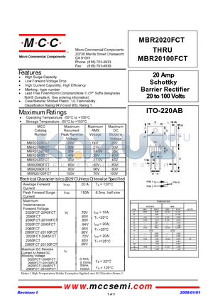 MBR20100FCT datasheet - 20 Amp Schottky Barrier Rectifier 20 to 100 Volts
