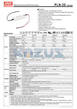 PLN-20-12 datasheet - 20W Single Output LED Power Supply