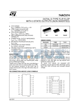 M74AC574MTR datasheet - OCTAL D-TYPE FLIP FLOP WITH 3 STATE OUTPUT NON INVERTING