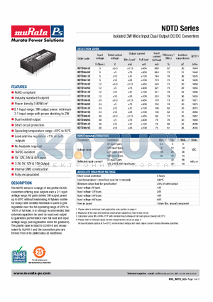 NDTD0503C datasheet - Isolated 3W Wide Input Dual Output DC/DC Converters