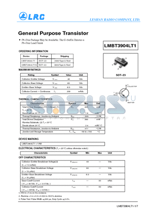 LMBT3904LT1 datasheet - General Purpose Transistor