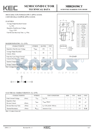 MBR20150CT datasheet - SWITCHING TYPE POWER SUPPLY APPLICATION CONVERTER & CHOPPER APPLICATION.