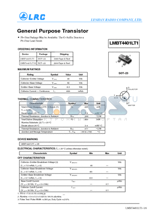 LMBT4401LT1G datasheet - General Purpose Transistor