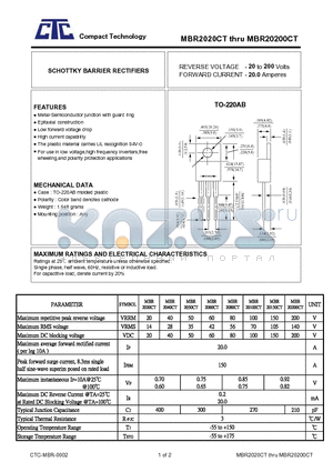 MBR20150CT datasheet - SCHOTTKY BARRIER RECTIFIERS