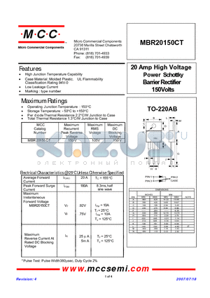 MBR20150CT datasheet - 20 Amp High Voltage Power Schottky Barrier Rectifier 150Volts