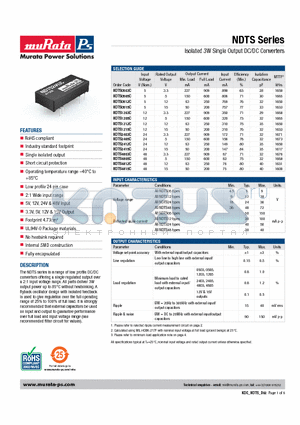 NDTS1205C datasheet - Isolated 3W Single Output DC/DC Converters