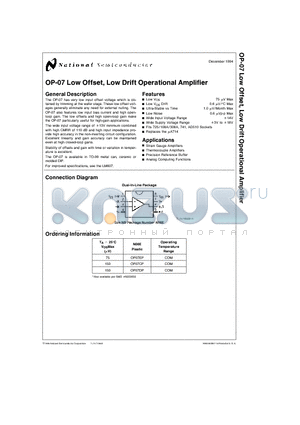 OP-07 datasheet - Low Offset, Low Drift Operational Amplifier