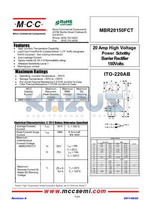 MBR20150FCT datasheet - 20 Amp High Voltage Power Schottky Barrier Rectifier 150Volts