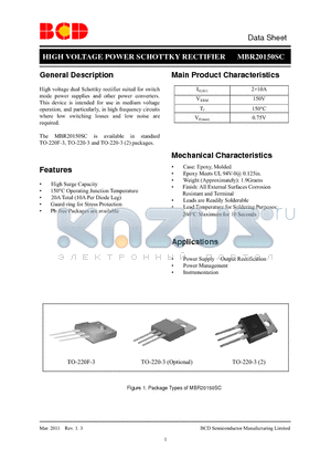MBR20150SC datasheet - HIGH VOLTAGE POWER SCHOTTKY RECTIFIER