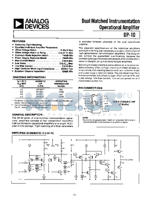 OP-10 datasheet - DUAL MATCHED INSTRUMENTATION OPERATIONAL AMPLIFIER