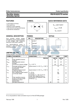 PBYR1020CTD datasheet - Rectifier diodes Schottky barrier