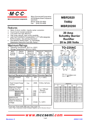 MBR20200 datasheet - 20 Amp Schottky Barrier Rectifier 20 to 200 Volts