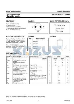 PBYR1040CTD datasheet - Rectifier diodes Schottky barrier