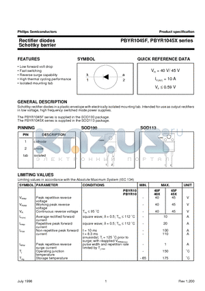 PBYR1040X datasheet - Rectifier diodes Schottky barrier
