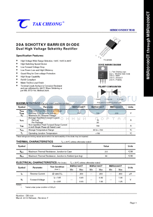MBR20200CT datasheet - 20A SCHOTTKY BARRIER DIODE Dual High Voltage Schottky Rectifier