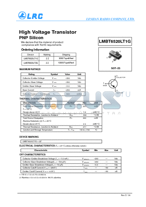 LMBT6520LT1G_11 datasheet - High Voltage Transistor PNP Silicon RoHS requirements.