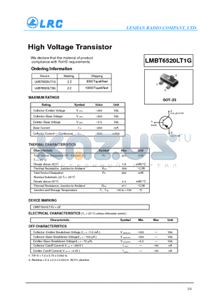 LMBT6520LT1G datasheet - High Voltage Transistor