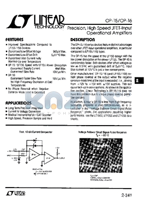 OP-15C datasheet - Precision, High Speed JFET-Input Operational Amplifiers