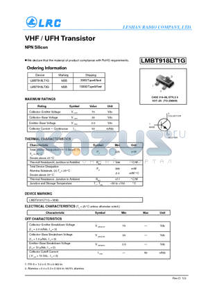 LMBT918LT1G datasheet - VHF / UFH Transistor NPN Silicon RoHS requirements.