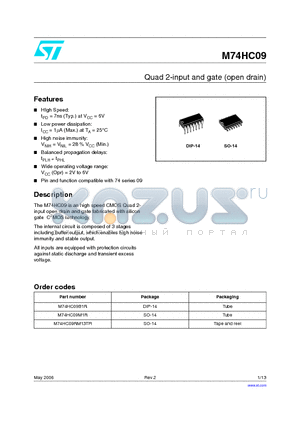 M74HC09 datasheet - Quad 2-input and gate (open drain)