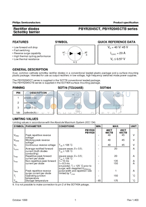 PBYR2040CT datasheet - Rectifier diodes Schottky barrier