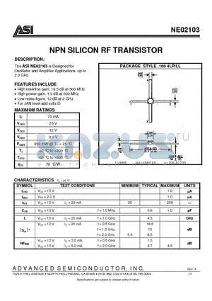 NE02103 datasheet - NPN SILICON RF TRANSISTOR