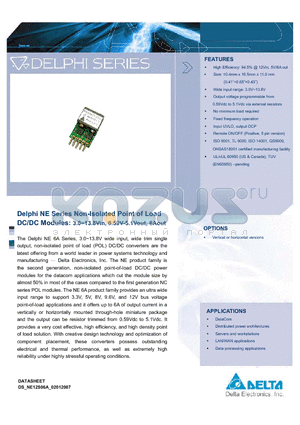 NE12S0A0V06PNFA datasheet - Delphi NE Series Non-Isolated Point of Load DC/DC Modules: 3.0~13.8Vin, 0.59V-5.1Vout, 6Aout