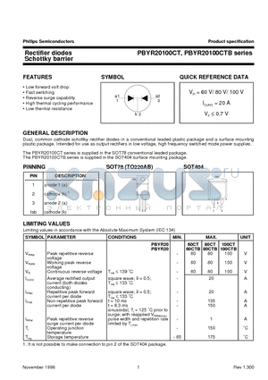 PBYR2060CT datasheet - Rectifier diodes Schottky barrier