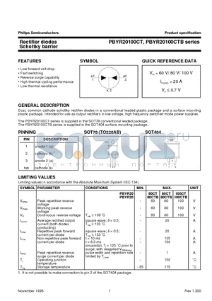 PBYR2080CTB datasheet - Rectifier diodes Schottky barrier
