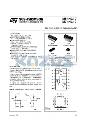 M74HC10B1 datasheet - TRIPLE 3-INPUT NAND GATE