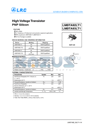 LMBTA92LT1 datasheet - HighVoltageTransistor PNP Silicon