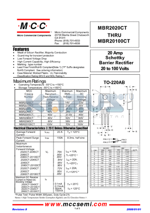 MBR2030CT datasheet - 20 Amp Schottky Barrier Rectifier 20 to 100 Volts