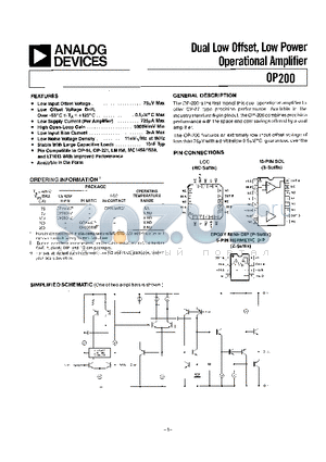 OP-200FZ datasheet - DUAL LOW OFFSET, LOW POWER OPERATIONAL AMPLIFIER