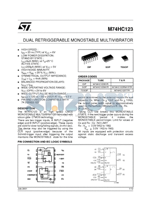 M74HC123 datasheet - DUAL RETRIGGERABLE MONOSTABLE MULTIVIBRATOR