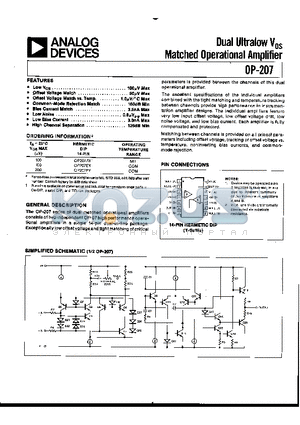 OP-207FY datasheet - DUAL ULTRALOW VOS MATCHED OPERATIONAL AMPLIFIER