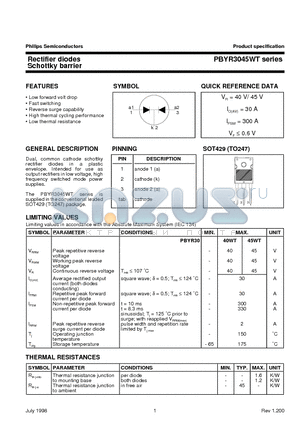 PBYR3045WT datasheet - Rectifier diodes Schottky barrier