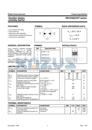 PBYR4025WT datasheet - Rectifier diodes schottky barrier
