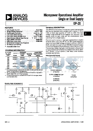 OP-20FJ datasheet - Micropower Operational Amplifier Single or Dual Supply