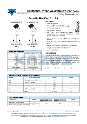 MBR2035CT-1PBF datasheet - Schottky Rectifier, 2 x 10 A