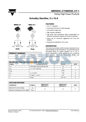 MBR2035CT-1TRL datasheet - Schottky Rectifier, 2 x 10 A