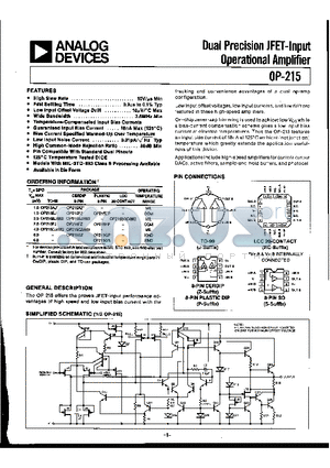 OP-215 datasheet - DUAL PRECISION JFET-INPUT OPERATIONAL AMPLIFIER