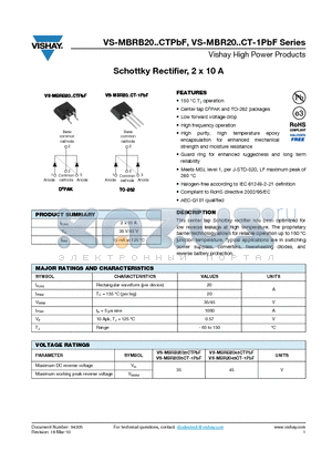 MBR2035CT-1TRLPBF datasheet - Schottky Rectifier, 2 x 10 A