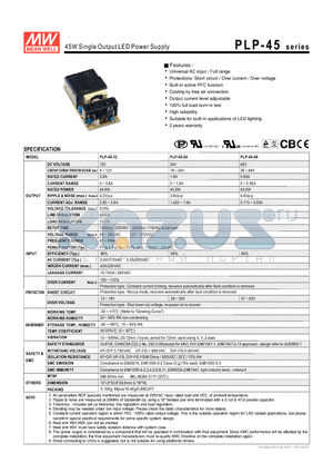 PLP-45-12 datasheet - 45W Single Output LED Power Supply